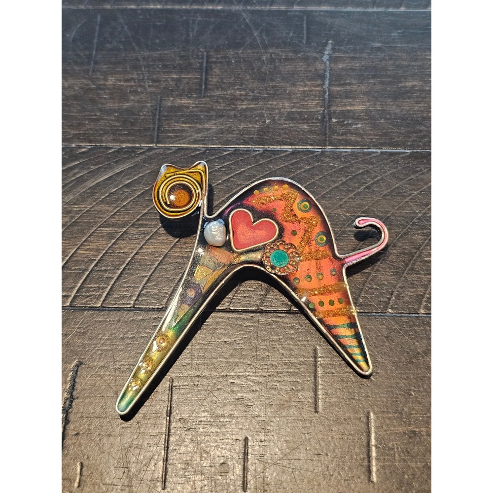 Vintage Style Multicolor Enamel Cat Brooch Heart Pearl Accent Pin 3 Inch